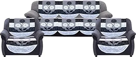 Dakshya Industries Cotton Floral 7 Piece 5 Seater Sofa Cover with Center Table Cover (Black, Standard)-thumb1