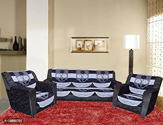 Dakshya Industries Flower Cotton 6 Piece 5 Seater Sofa Cover (Black)