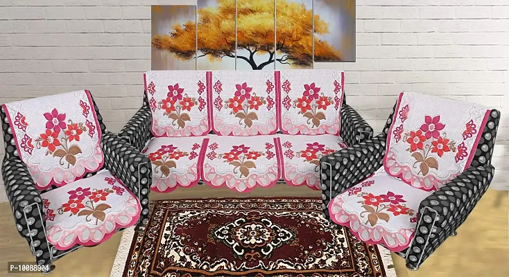 Dakshya Industries Floral Cotton 6 Piece 5 Seater Sofa Cover - Pink