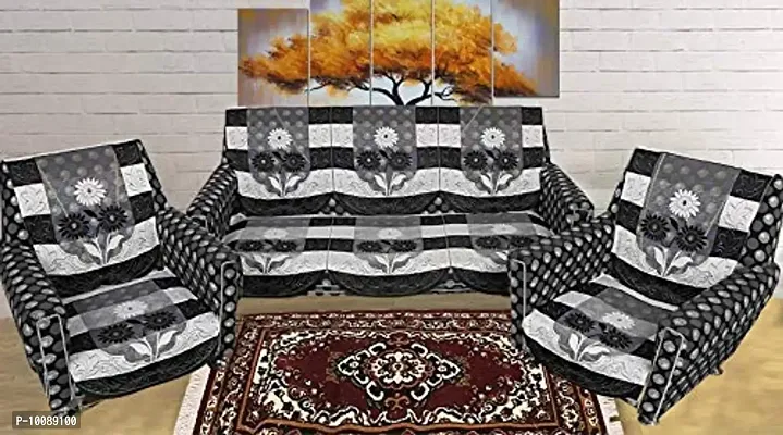 Dakshya Industries Floral Cotton 6 Piece 5 Seater Sofa Cover (Black)