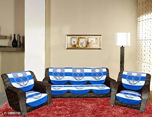 Dakshya Industries Flower Cotton 6 Piece 5 Seater Sofa Cover (Blue)-thumb0