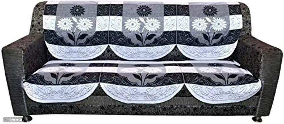 Dakshya Industries Cotton Floral 6 Piece 5 Seater Sofa Cover - Black & White-thumb2