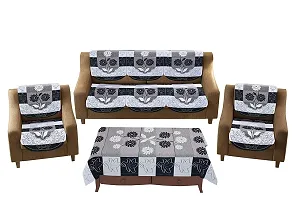 Dakshya Industries Floral Cotton 7 Piece 5 Seater Sofa Cover with Center Table Cover - Black-thumb1