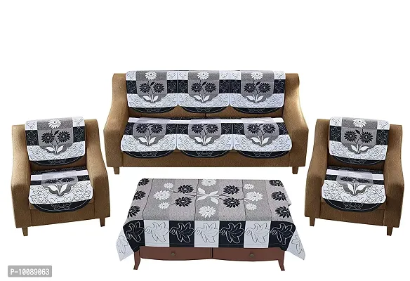 Dakshya Industries Floral Cotton 7 Piece 5 Seater Sofa Cover with Center Table Cover - Black-thumb2