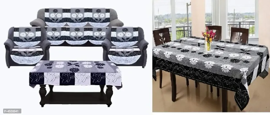 Forever Groovy Polyester Floral 5 Seater Sofa Cover With Center Table and Dining Table Cover-thumb0