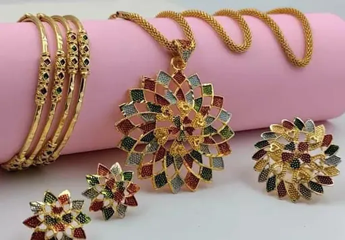 Traditional Brass Gold Plated Floral Design Jewellery Set