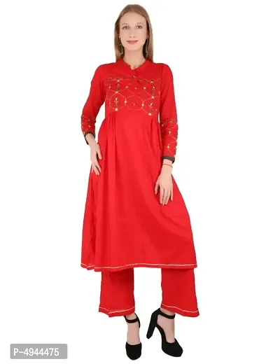 Stylish Cambric Cotton Embroidered 3/4 Sleeves Kurta With Palazzo Set-thumb0