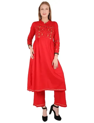 Stylish Cambric Embroidered 3/4 Sleeves Kurta With Palazzo Set