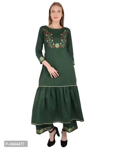 Stylish Cambric Cotton Embroidered 3/4 Sleeves Kurta With Palazzo Set-thumb0