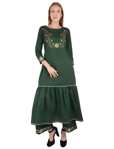 Stylish Cambric Embroidered 3/4 Sleeves Kurta With Palazzo Set