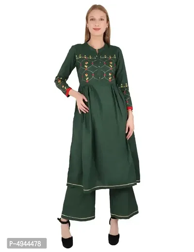 Stylish Cambric Cotton Embroidered 3/4 Sleeves Kurta With Palazzo Set-thumb0