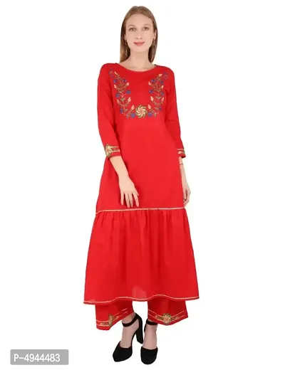 Stylish Cambric Cotton Embroidered 3/4 Sleeves Kurta With Palazzo Set