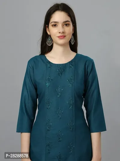 A-Line Blue Embroidered Cotton Blend Kurta-thumb3