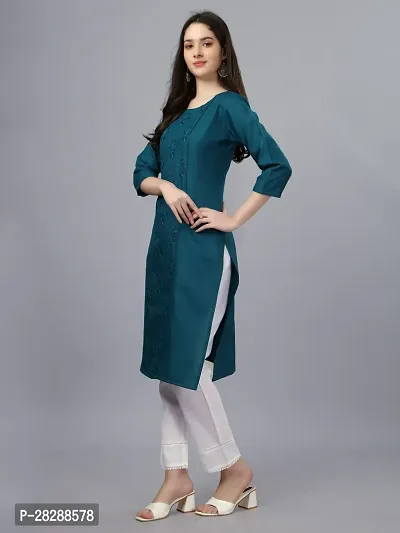 A-Line Blue Embroidered Cotton Blend Kurta-thumb4