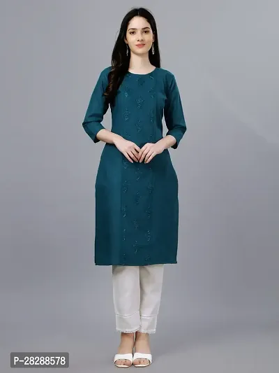 A-Line Blue Embroidered Cotton Blend Kurta-thumb0