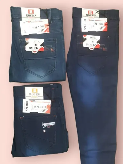 Elegant Blue Denim Solid Jeans For Men- Pack Of 3