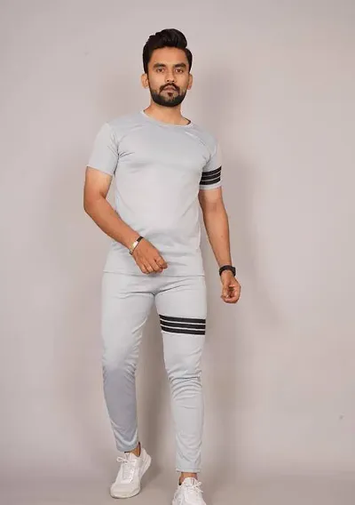 Fabulous Grey Polyester Solid Tracksuit For Men