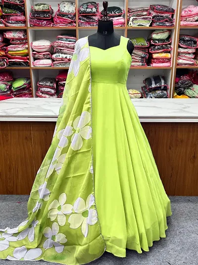 Stylish Georgette Printed Ethnic Gown with Dupatta Set