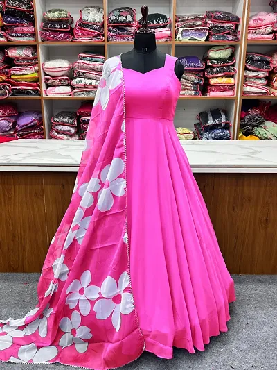 Stylish Georgette Printed Ethnic Gown with Dupatta Set