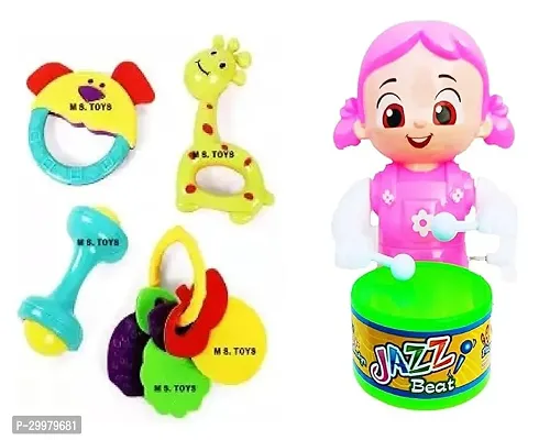 PRV Toys Musical Drummer Dancing Sound Toy for Lovely Colourful Musical Rattle Toys with New-Born Rattle Rattle (Pink Baby for 4 Rattle Toys)-thumb0