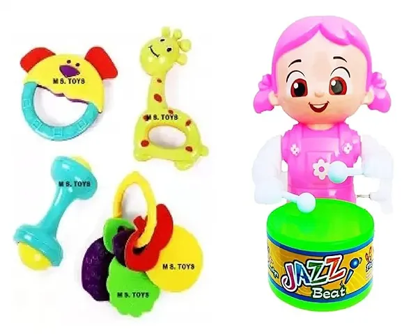 PRV Toys Musical Drummer Dancing Sound Toy for Lovely Colourful Musical Rattle Toys with New-Born Rattle Rattle (Pink Baby for 4 Rattle Toys)