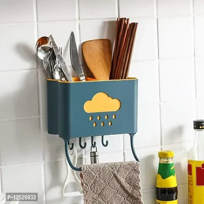 Prisma Collections Self Adhesive Plastic Wall Mounted Kitchen Cutlery Holder Stand with Shower Rack Shelf Towel Holder with 4 Hook - Random Color