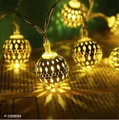 Prisma Collection Moroccan Ball 16 LED String Lights Plug-in, Connectable with Tail, for All Occasions-Christmas, Diwali (Metal-3, Golden)