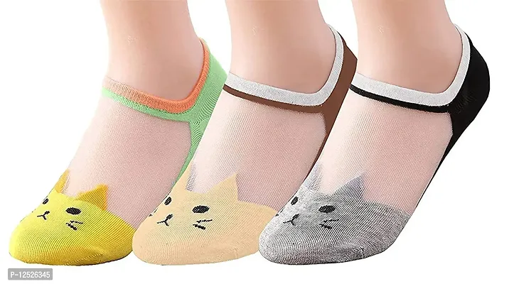 Prisma Collection Pairs Women's Transparent Casual Cat Ankle Length Low Cut Invisible Silk Cotton Soft Socks,Ultra thin Beautiful Crystal Lace Elastic Socks -Assorted Pack of 4,Multicolour,Free Size-thumb2
