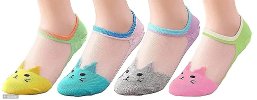 Prisma Collection Pairs Women's Transparent Casual Cat Ankle Length Low Cut Invisible Silk Cotton Soft Socks,Ultra thin Beautiful Crystal Lace Elastic Socks -Assorted Pack of 4,Multicolour,Free Size-thumb0