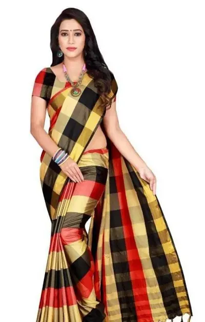 Alluring Silk Checked Saree with Blouse Piece