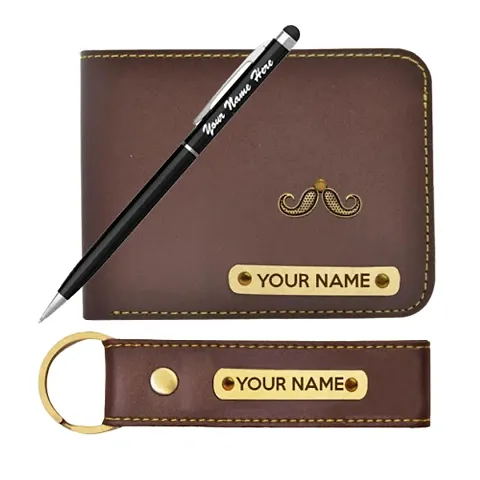 Classy Faux Leather Two Fold Wallet with Pen and Key Chain Set