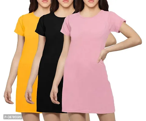 Stylish Multicoloured Cotton Blend Solid T-shirt Dress For Women Pack Of 3