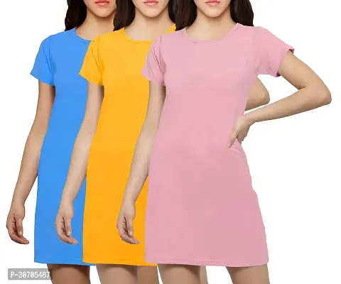 Stylish Multicoloured Cotton Blend Solid T-shirt Dress For Women Pack Of 3