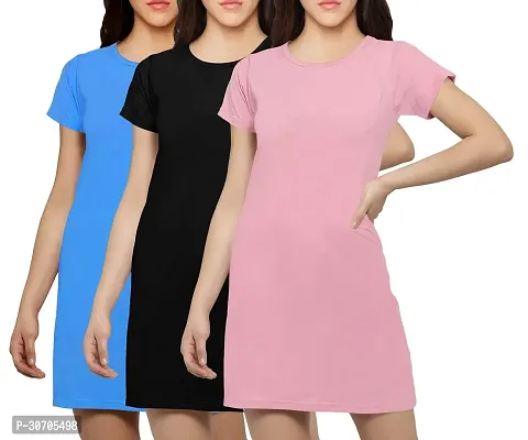 Stylish Multicoloured Cotton Blend Solid T-shirt Dress For Women Pack Of 3