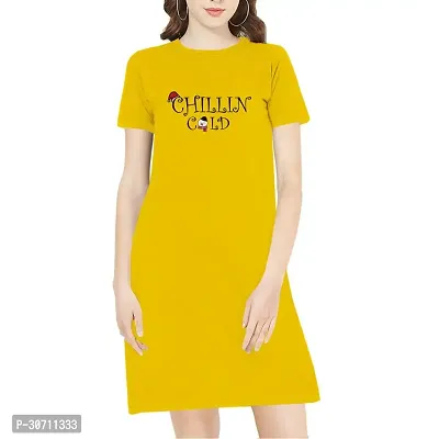 Stylish Yellow Cotton Blend Printed T-shirt Dress For Women