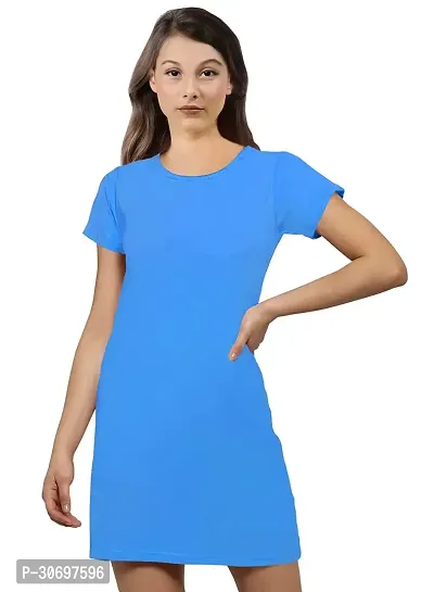 Stylish Blue Cotton Blend Solid T-shirt Dress For Women-thumb0