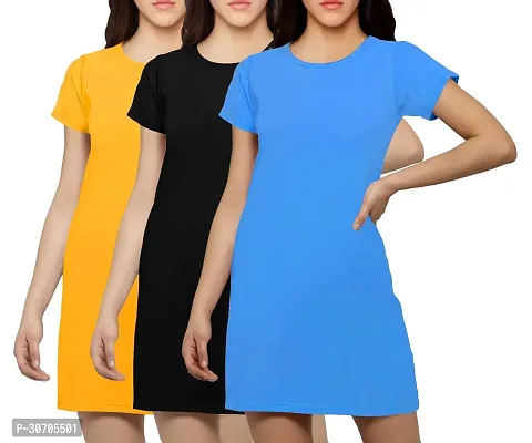 Stylish Multicoloured Cotton Blend Solid T-shirt Dress For Women Pack Of 3