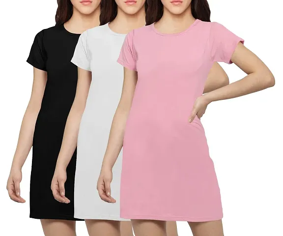 Stylish Blend Solid T-shirt Dress For Women Pack Of 3