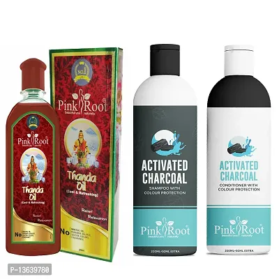 Pink Root Thanda Oil 200ml, Activated Charcoal Shampoo 200ml And Conditioner 200ml Pack Of 3-thumb0