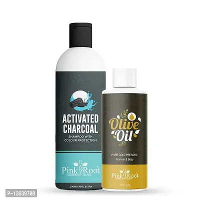 Pink Root Activated Charcoal Shampoo 200ml And Olive Oil 100ml Pack Of 2