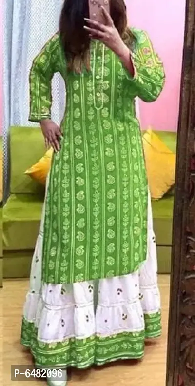 Stunning Green Rayon Printed Kurta with Skirt Set For Women