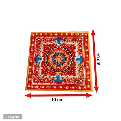 Handicraft Kingdom Puja Table Chowki Small Premium Square Marble Hand Painted Pooja Aasan for God Idols Sitting  Ganpati Baithak| Temple Bajot for Home| Approx Size (4x4 Inch  Wt 170 Gm Pack of 1-thumb3