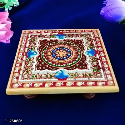 Handicraft Kingdom Puja Table Chowki Small Premium Square Marble Hand Painted Pooja Aasan for God Idols Sitting  Ganpati Baithak | Temple Bajot for Home | Approx Size (4x4 Inch  Wt 170 Gm Pack of 1-thumb0