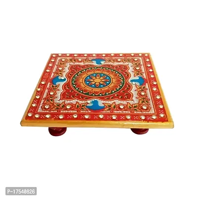 Handicraft Kingdom Puja Table Chowki Small Premium Square Marble Hand Painted Pooja Aasan for God Idols Sitting  Ganpati Baithak| Temple Bajot for Home| Approx Size (4x4 Inch  Wt 170 Gm Pack of 1-thumb2