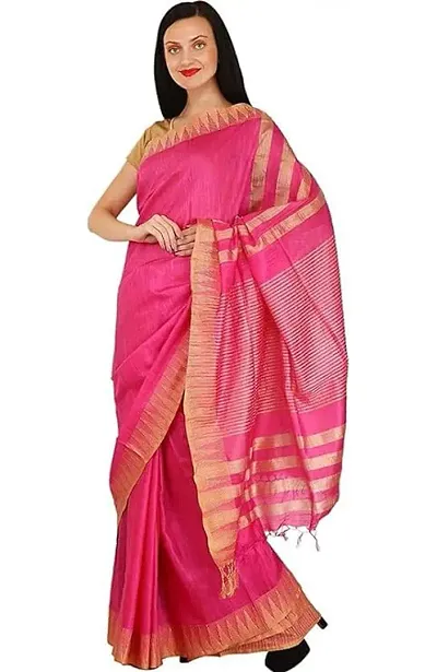 Craft Mania Women's Bhagalpuri Handloom Kota Silk Temple Border Saree and Variation of Colors with Striped Blouse Piece_Free Size_ (CM_10344-378)