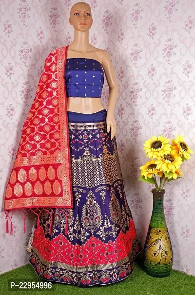Elegant Royal Blue Art Silk Semi-Stitched Lehenga Choli With Dupatta Set For Women-thumb0