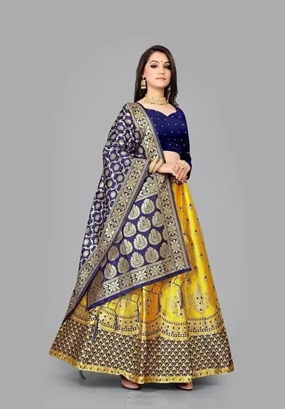 Elegant Golden Art Silk Semi-Stitched Lehenga Choli With Dupatta Set For Women-thumb0