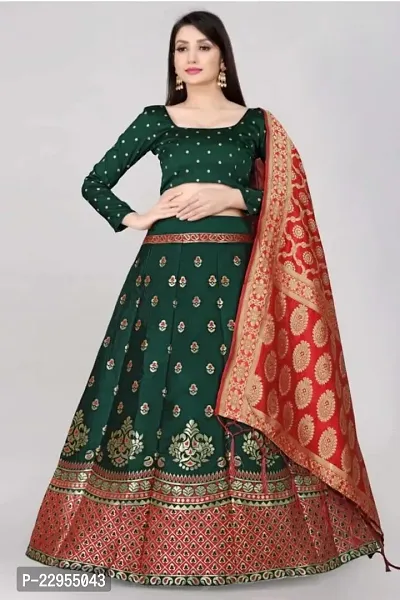 Elegant Dark Green Art Silk Semi-Stitched Lehenga Choli With Dupatta Set For Women-thumb0