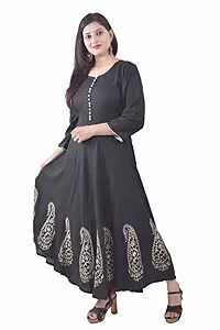 Yug Fashion's Women Anarkali Flared Rayon Kurta Front Button Style Black Medium-thumb2