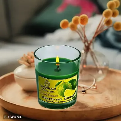 KRISHNA ALO Soy Wax Fresh Lemon Scented Glass Candles for Room Decoration, Festival, Candle Night Dinner  Birthday.(Pack of 2, Green) 90 g Each (Big Size)-thumb2